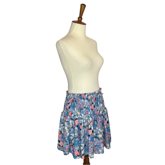 Retro Blue Floral Shirred High Waist Drawstring Beach Skirt - Picture 8 of 16